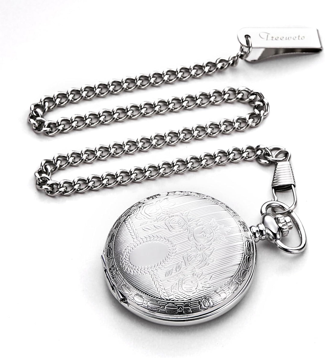 TREEWETO Unisex Taschenuhr mit Kette Analog Handaufzug Skelett Römische Ziffern Silber