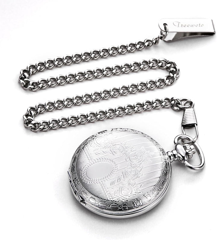 TREEWETO Unisex Taschenuhr mit Kette Analog Handaufzug Skelett Römische Ziffern Silber