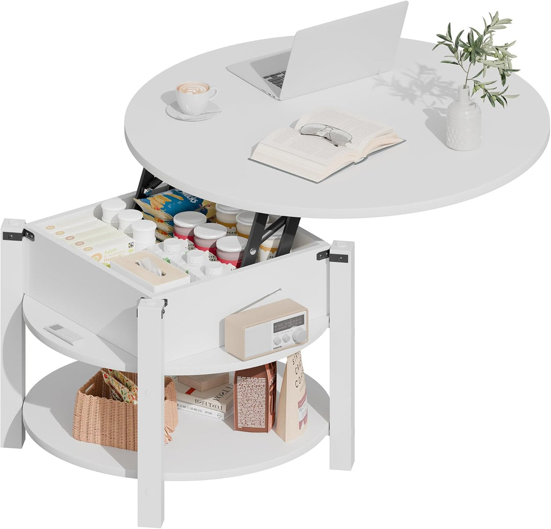 ELUCHANG Couchtisch Rund mit Hebeplatte, Couchtisch Höhenverstellbarer 2 in 1, Beistelltisch Wohnzim