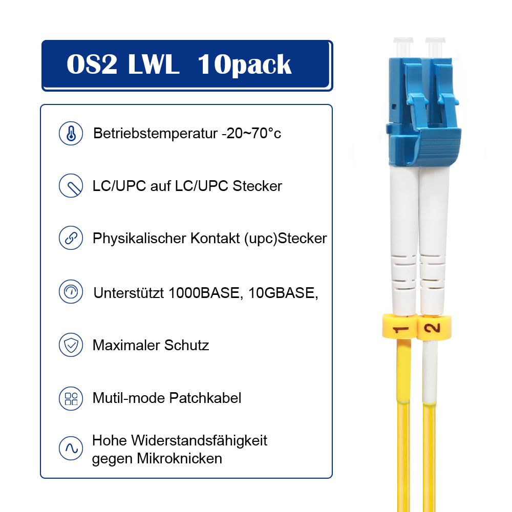 FLYPROFiber 0.5M OS2 LC auf LC LWL Glasfaser Patchkabel | Längenoption: 0,2m-200m, 1G/10GB Singlemod