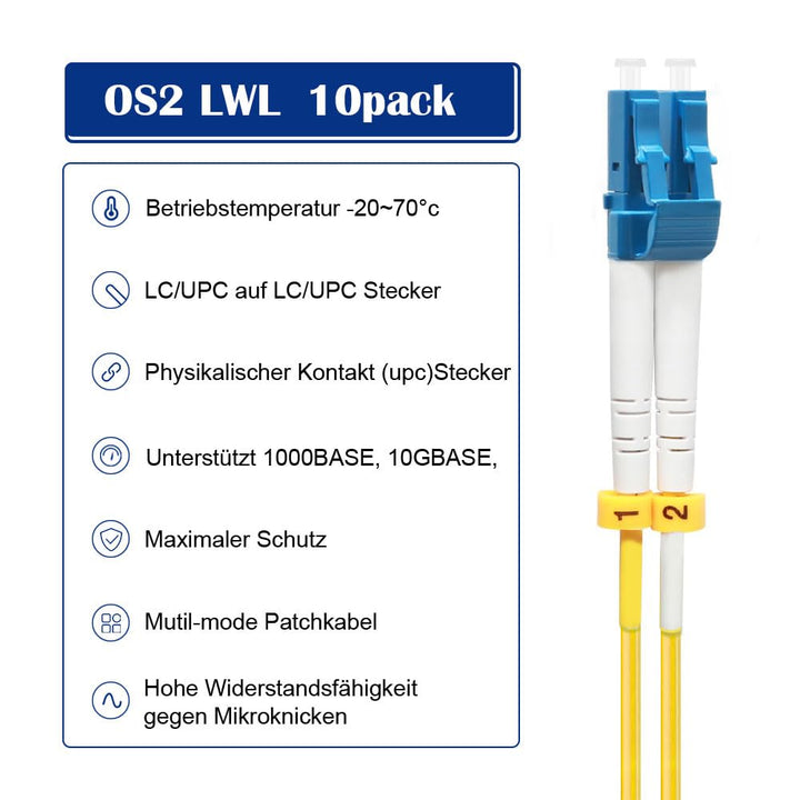 FLYPROFiber 0.5M OS2 LC auf LC LWL Glasfaser Patchkabel | Längenoption: 0,2m-200m, 1G/10GB Singlemod