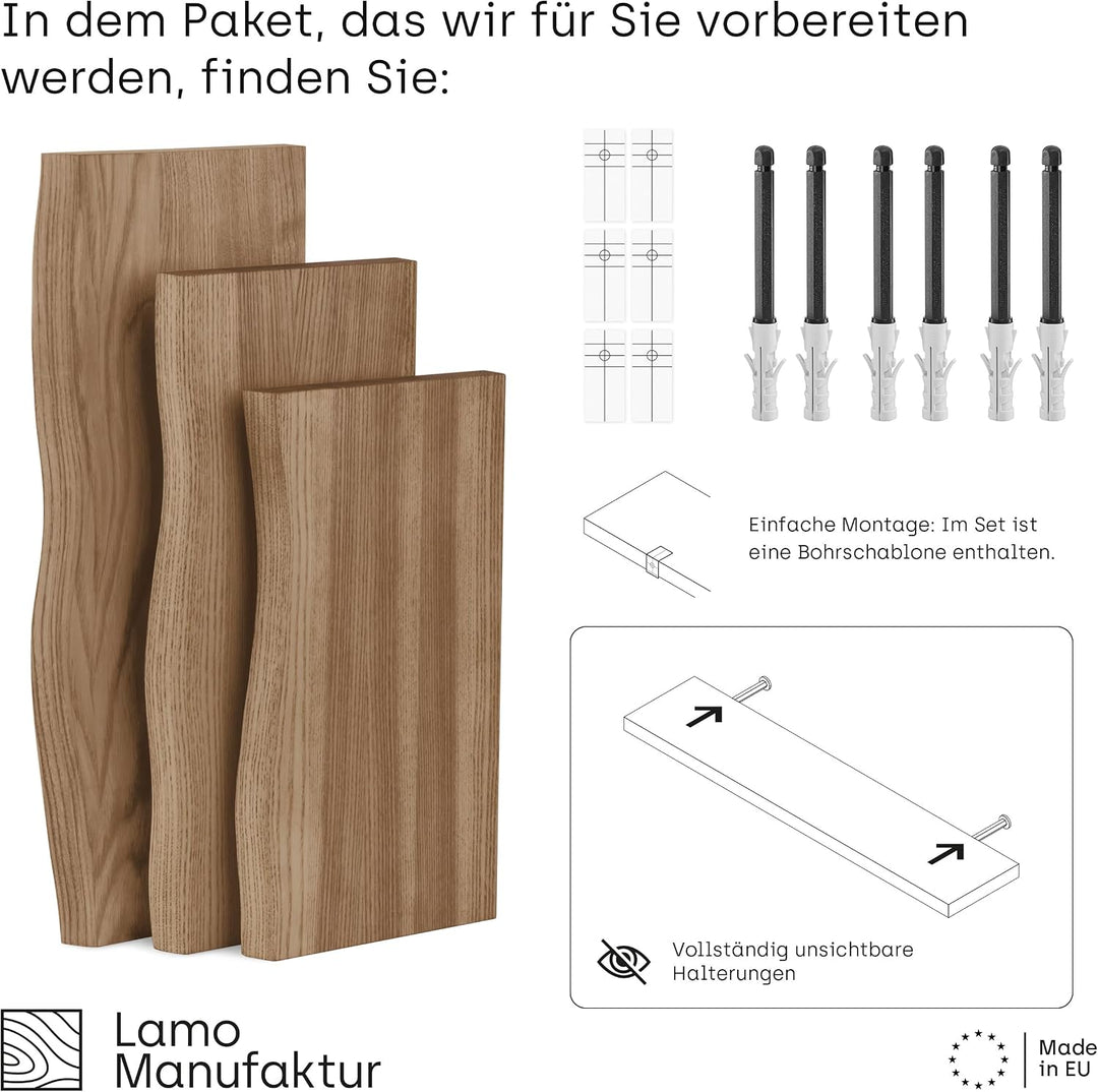 LAMO Manufaktur 3 Stück Wandregal aus Holz mit unsichtbarer Befestigung 40/35/30cm | Wandregal aus 1