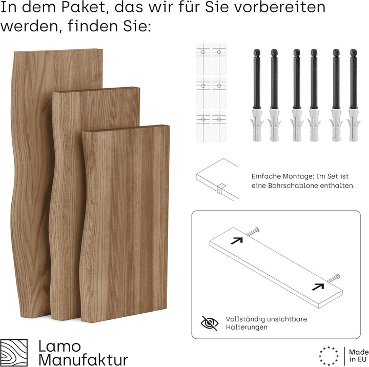 LAMO Manufaktur 3 Stück Wandregal aus Holz mit unsichtbarer Befestigung 40/35/30cm | Wandregal aus 1