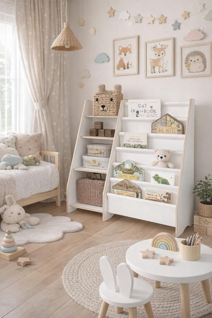 MAMOI® Bücher- und Spielzeugregal, funktionales 2-in-1-Regal, Organizer mit Ablagen und Stofftaschen