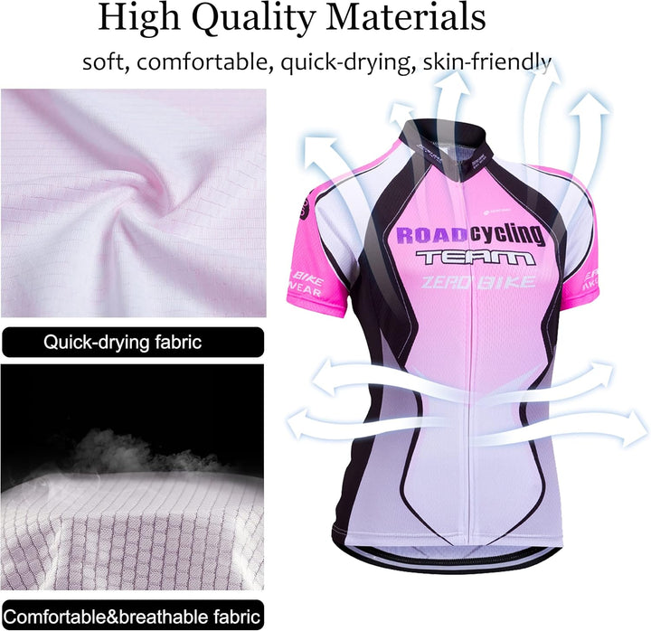 Damen Atmungsaktiv Schnelltrocknend Fahrradtrikot Set, Outdoor Kurzarm Radsport-Shirt + 3D Gel Gepol