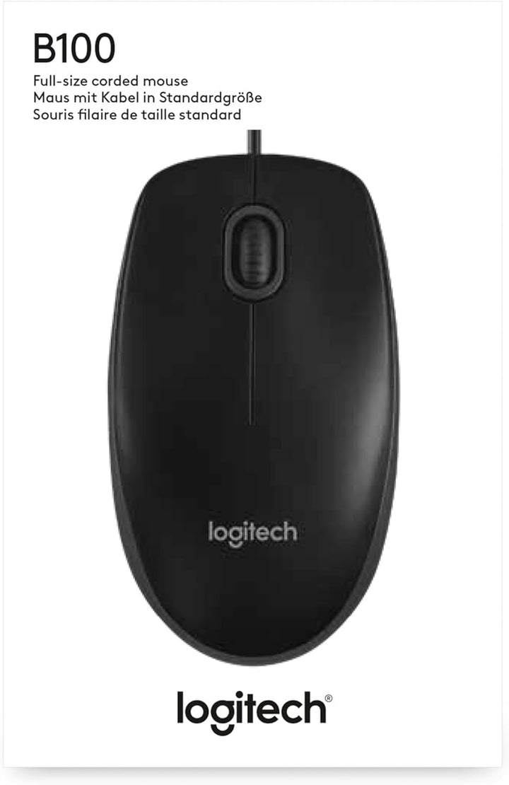 Logitech B100 Maus mit Kabel, USB-Anschluss, 800 DPI Optischer Sensor, 3 Tasten, Für Links- und Rech