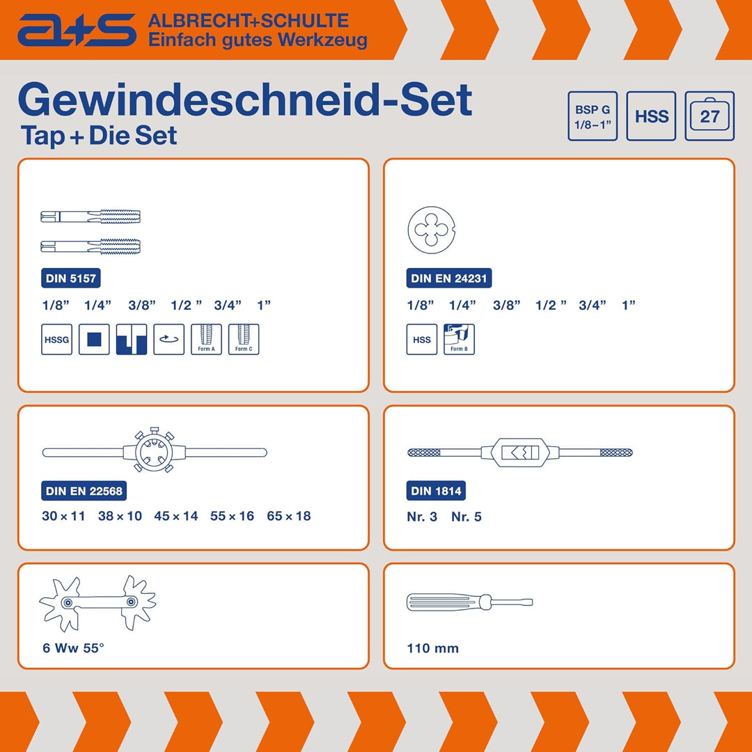 a+s HSS BSP G Rohrgewindeschneider Set | 1/8-1'', 27-tlg. | Gewindeschneider Set Zoll | Whitworth Ro