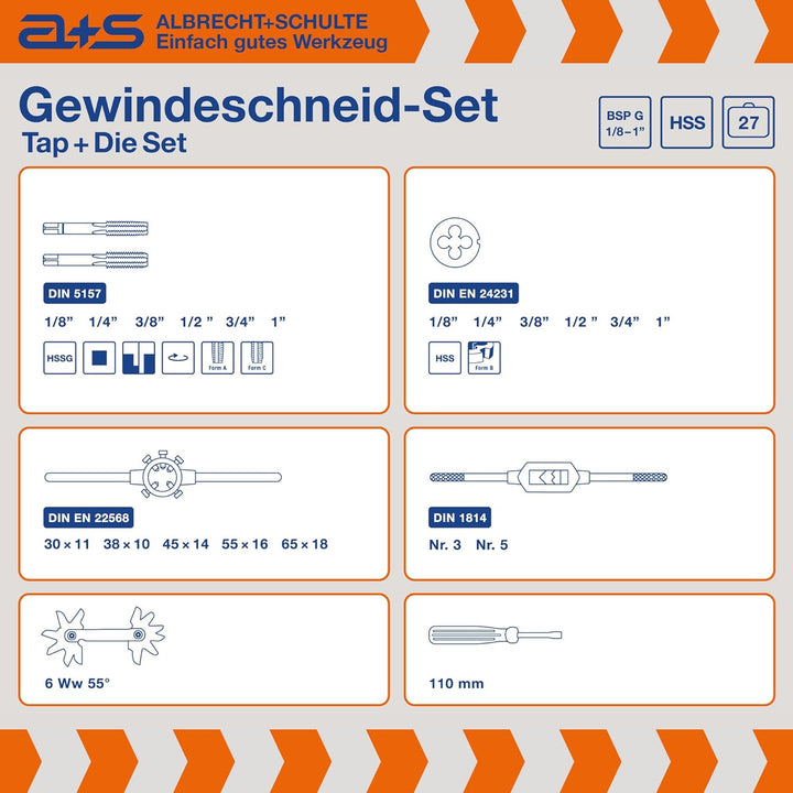 a+s HSS BSP G Rohrgewindeschneider Set | 1/8-1'', 27-tlg. | Gewindeschneider Set Zoll | Whitworth Ro