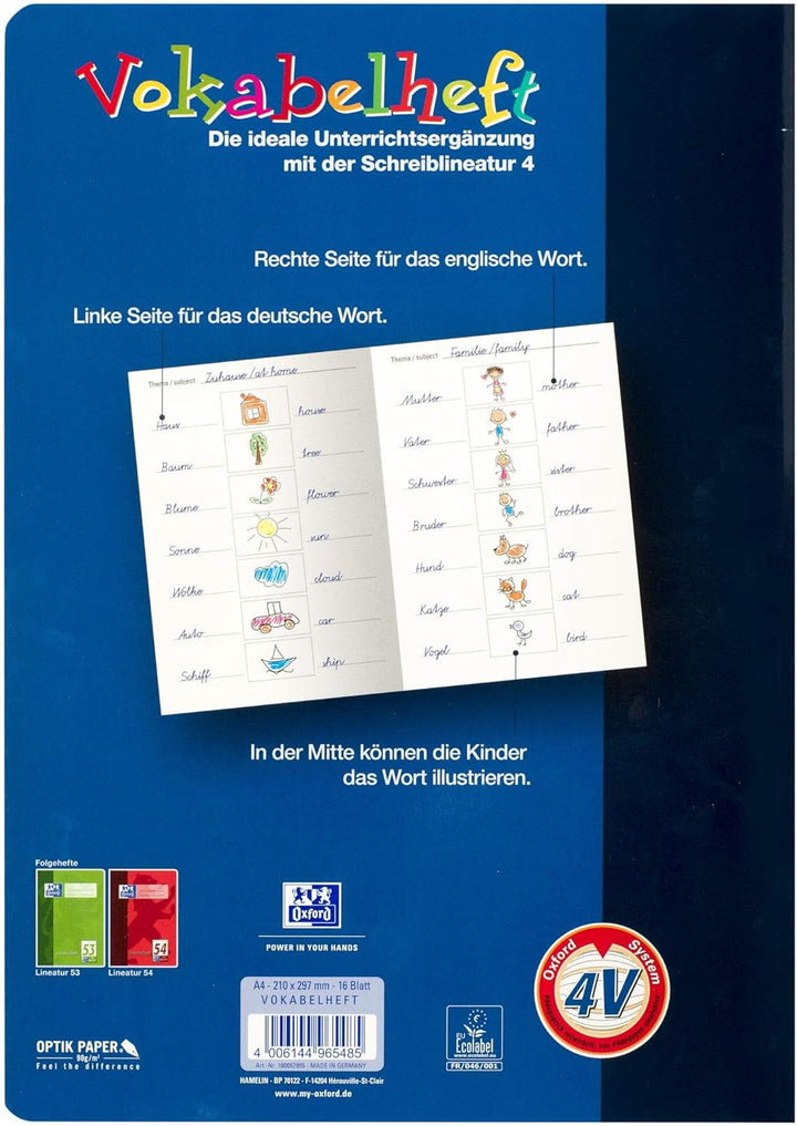 Oxford Vokabelheft mit Lernsystem, A4, 16 Blatt, Lineatur 4V, 10 Stück, Lineatur 4V