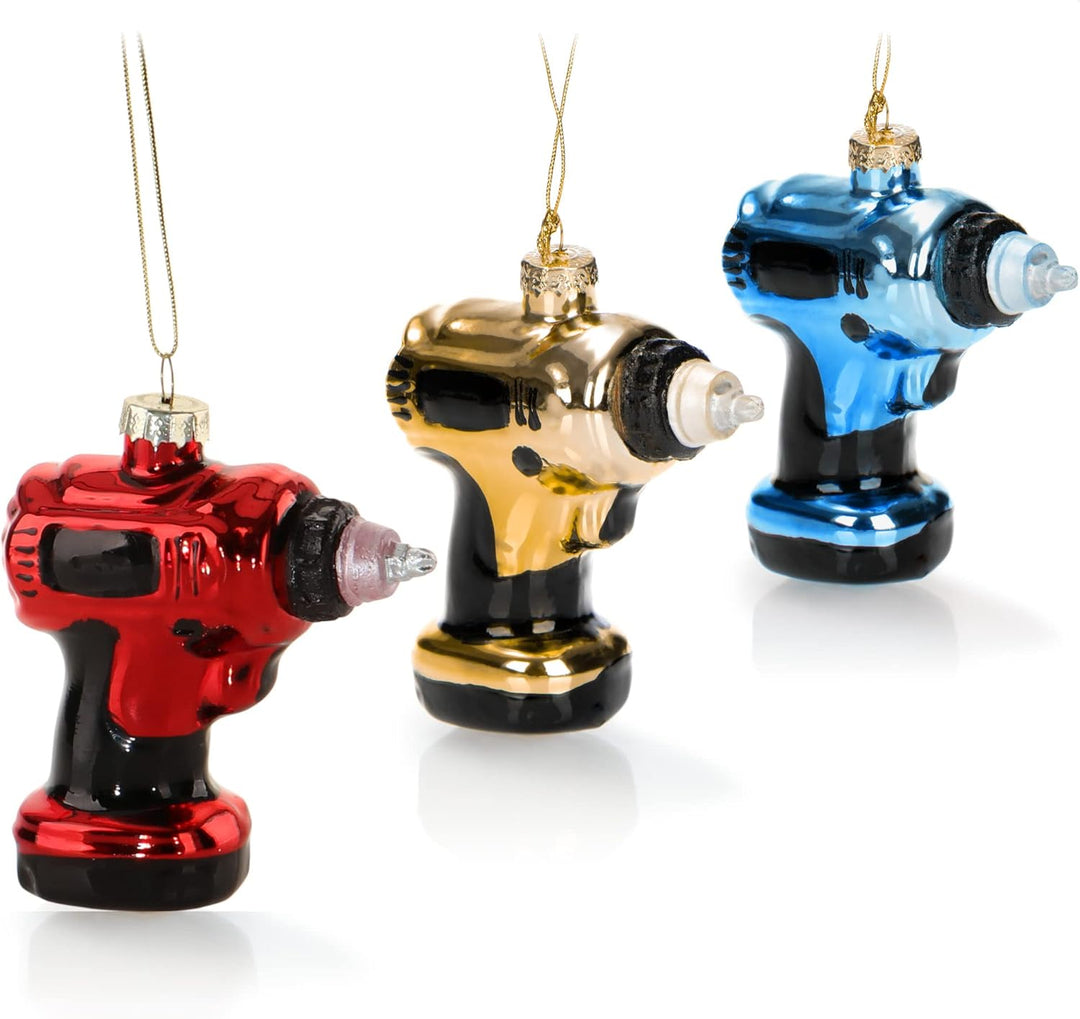 com-four® 3X Premium Christbaumschmuck - Deko-Bohrmaschine aus Glas - besondere Baumkugeln als Weihn