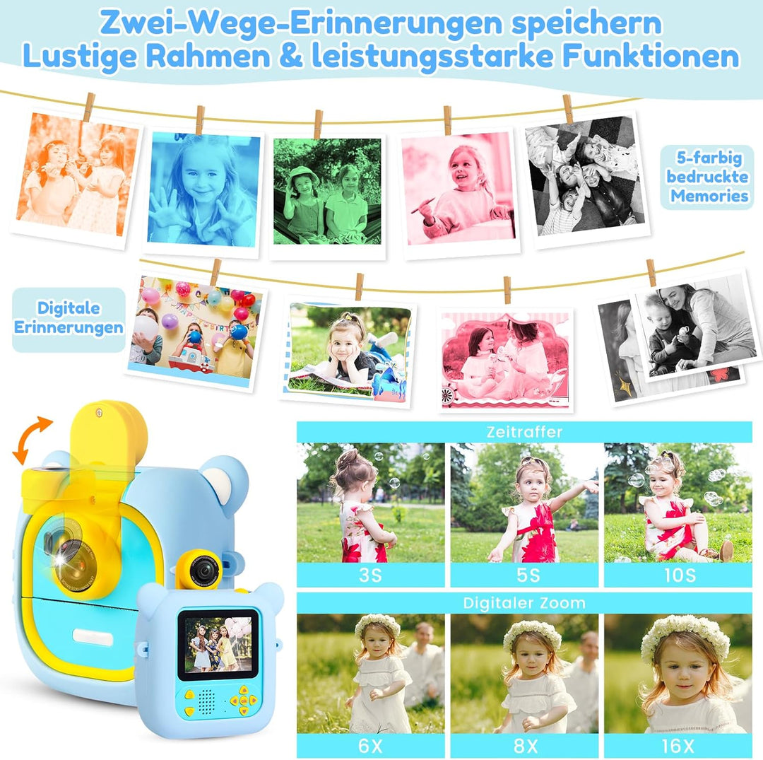 ARNSSIEN Sofortbildkamera Kinder,7 Druckpapier (4x Farbe: Orange/Rot/Grün/Blau + 3x SW),2.4" Kinderk