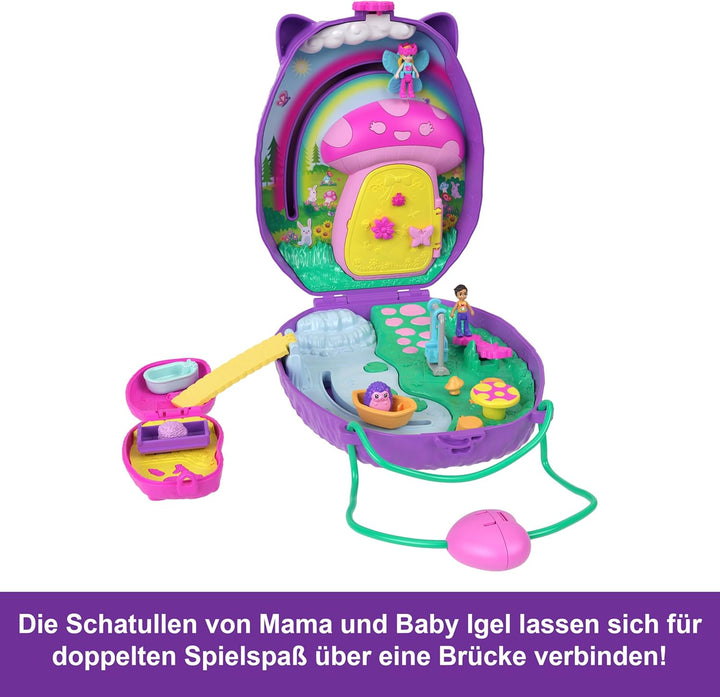 Polly Pocket 2-in-1 Reisespielzeug mit 2 Mikropuppen und 16 Accessoires, Igel-Handtaschen-Spielset,