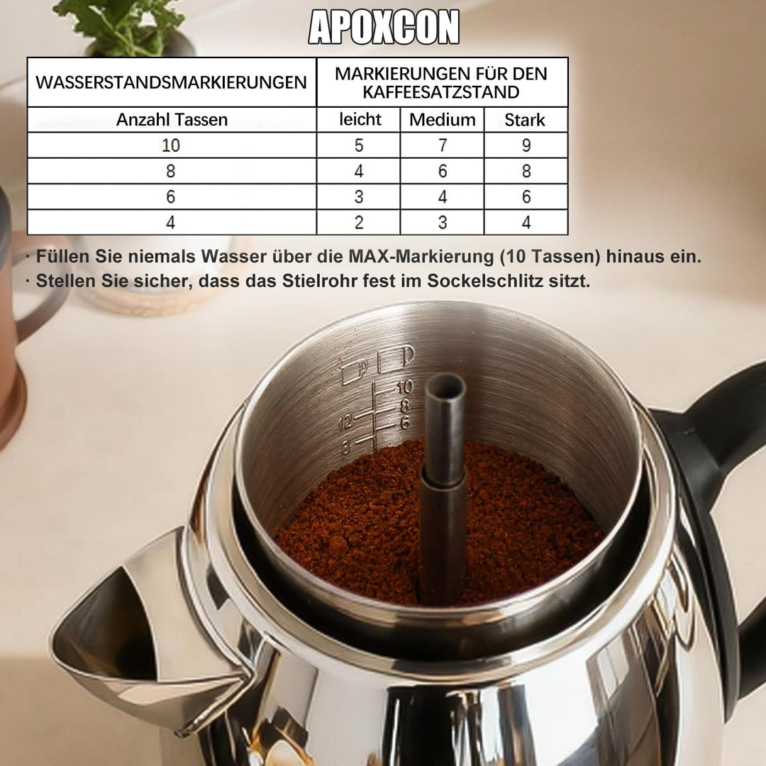 APOXCON Edelstahl-Kaffeekanne mit Permanentfilter 1,5 Liter (10 Tassen) mit Glasdeckel, garantiert t