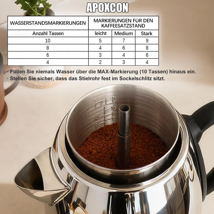 APOXCON Edelstahl-Kaffeekanne mit Permanentfilter 1,5 Liter (10 Tassen) mit Glasdeckel, garantiert t