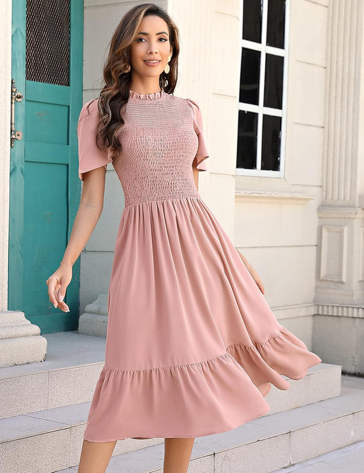 KOJOOIN Damen Kleid Lange Sommerkleid Casual Swing Kleid Kurzärm Maxikleid Rüschen Freizeitkleid(Ver