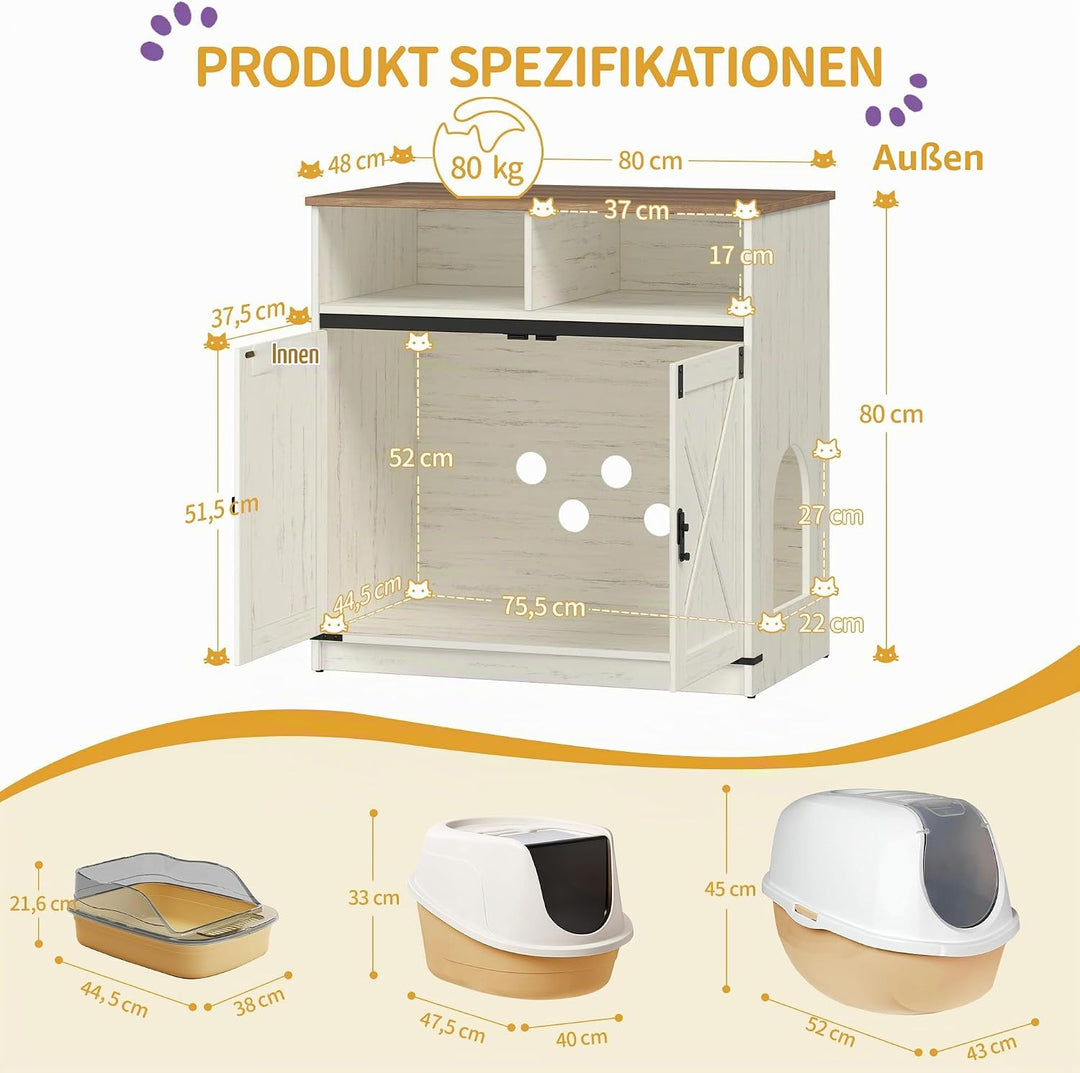 Hzuaneri Katzenklo Schrank, 80 x 48 x 80 cm, Versteckte Katzenschrank mit Stauraum, Katzenschrank au