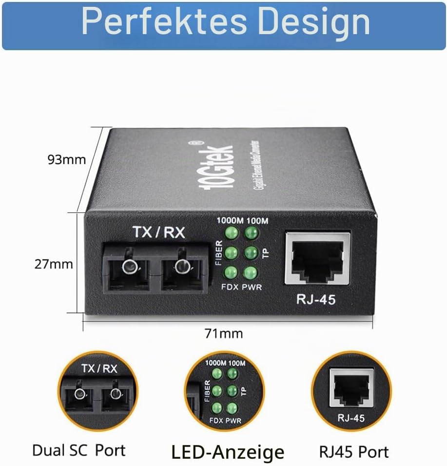 H!Fiber.com Gigabit Ethernet LWL Medienkonverter, 1.25Gb/s Singlemode Dual SC Transceiver, 10/100/10