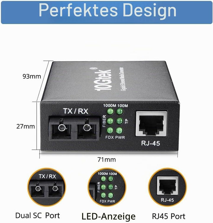 H!Fiber.com Gigabit Ethernet LWL Medienkonverter, 1.25Gb/s Singlemode Dual SC Transceiver, 10/100/10
