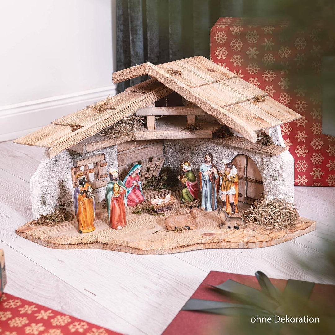 Bonetti Grosse Weihnachtskrippe | aus Holz und Gips gefertigt | mit Moos, Steinen und Stroh geschmüc