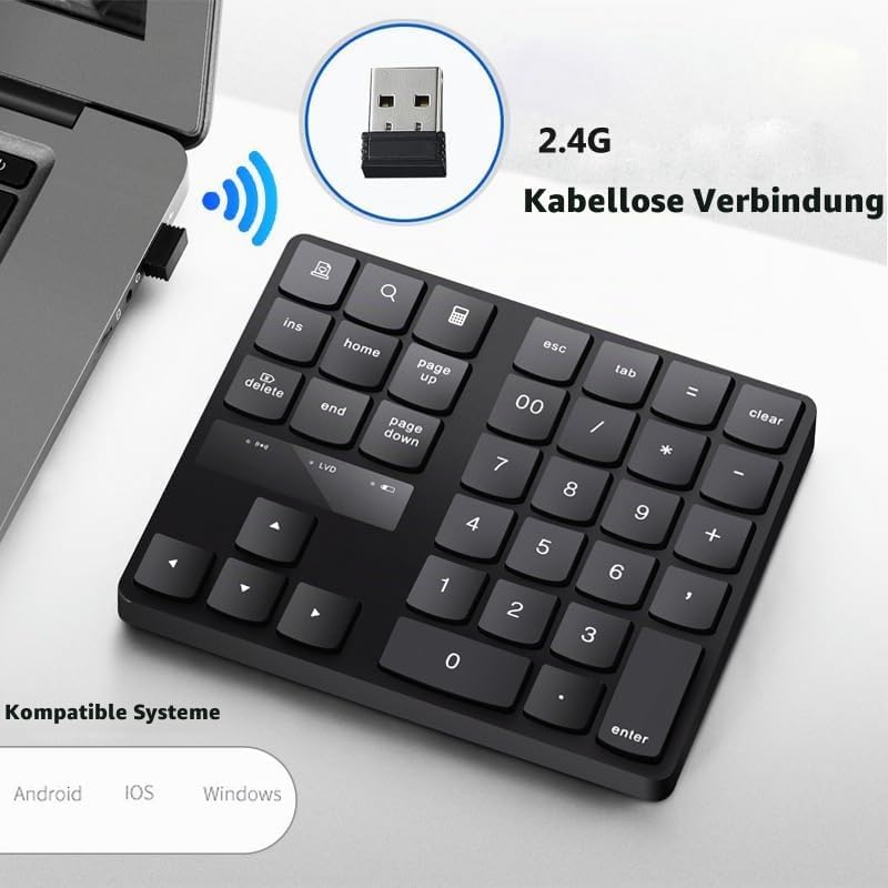 Kabelloser Nummernblock mit 35 Tasten, wiederaufladbare Mini-Tastatur für Laptop, Desktop-PC