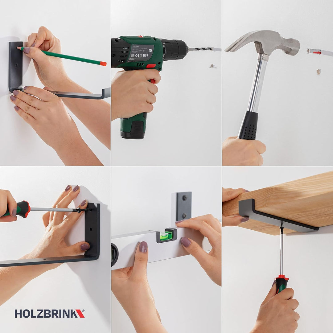 HOLZBRINK Metall Regalträger Regalhalter für Wandregal, Wandhalterung schwarz 250mm, 10 Stück, HLR-J