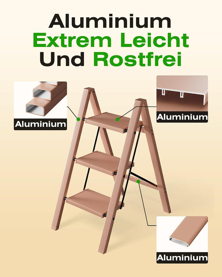 Trittleiter 3 Stufen klappbar,Tritthocker aus Aluminium | 150 kg Tragfähigkeit,Leiter mit rutschfest