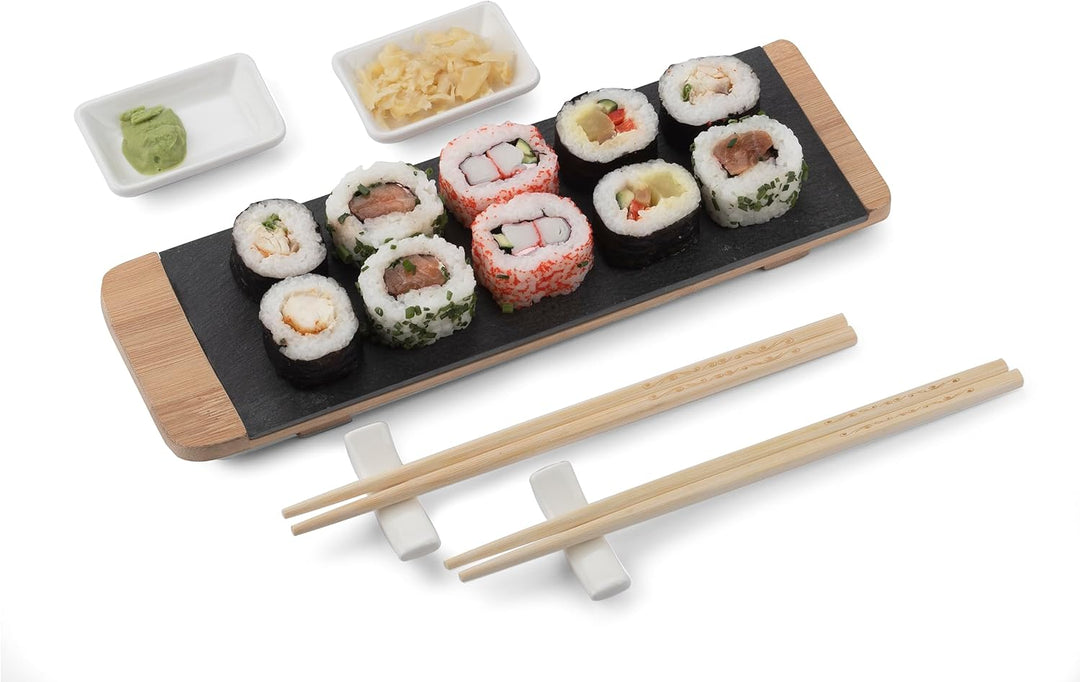 hochwertiges Sushi Set Bambus Schiefer Keramik Essstäbchen Saucen Schalen