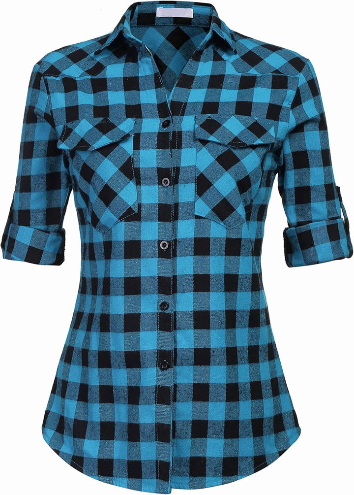 UNibelle Damen Kariertes Hemd mit Knopfleiste Kurz/Langarm Oktoberfest Bluse Karo Tunika Baumwolle T