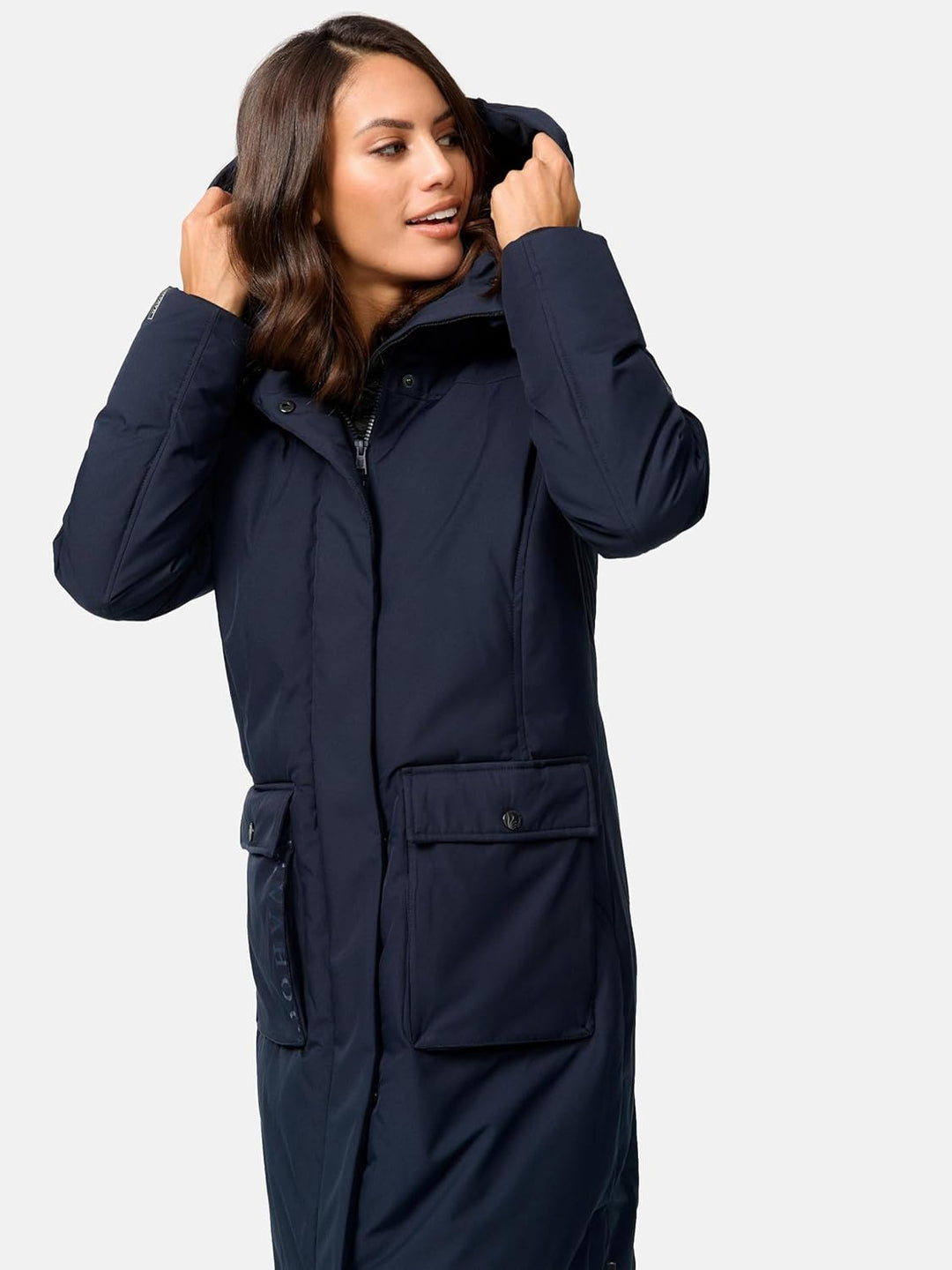 Navahoo Damen Wintermantel Warmer Mantel extralang mit Kapuze Wolkenfrost XIV XS-XXL L Navy, L Navy