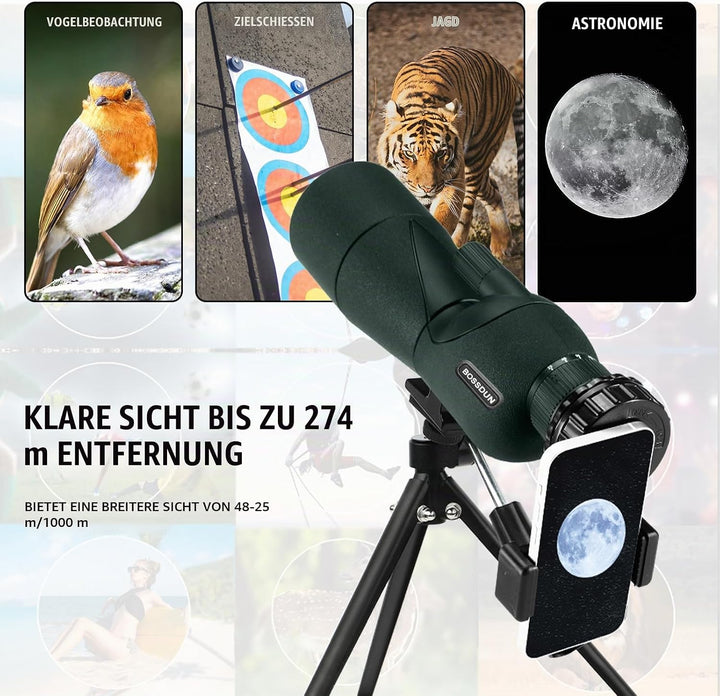 25-75X Spektive mit Stativ, Zoom Wasserdichtes BAK4 Prisma-Monokular-Teleskop für Vogelbeobachtung,