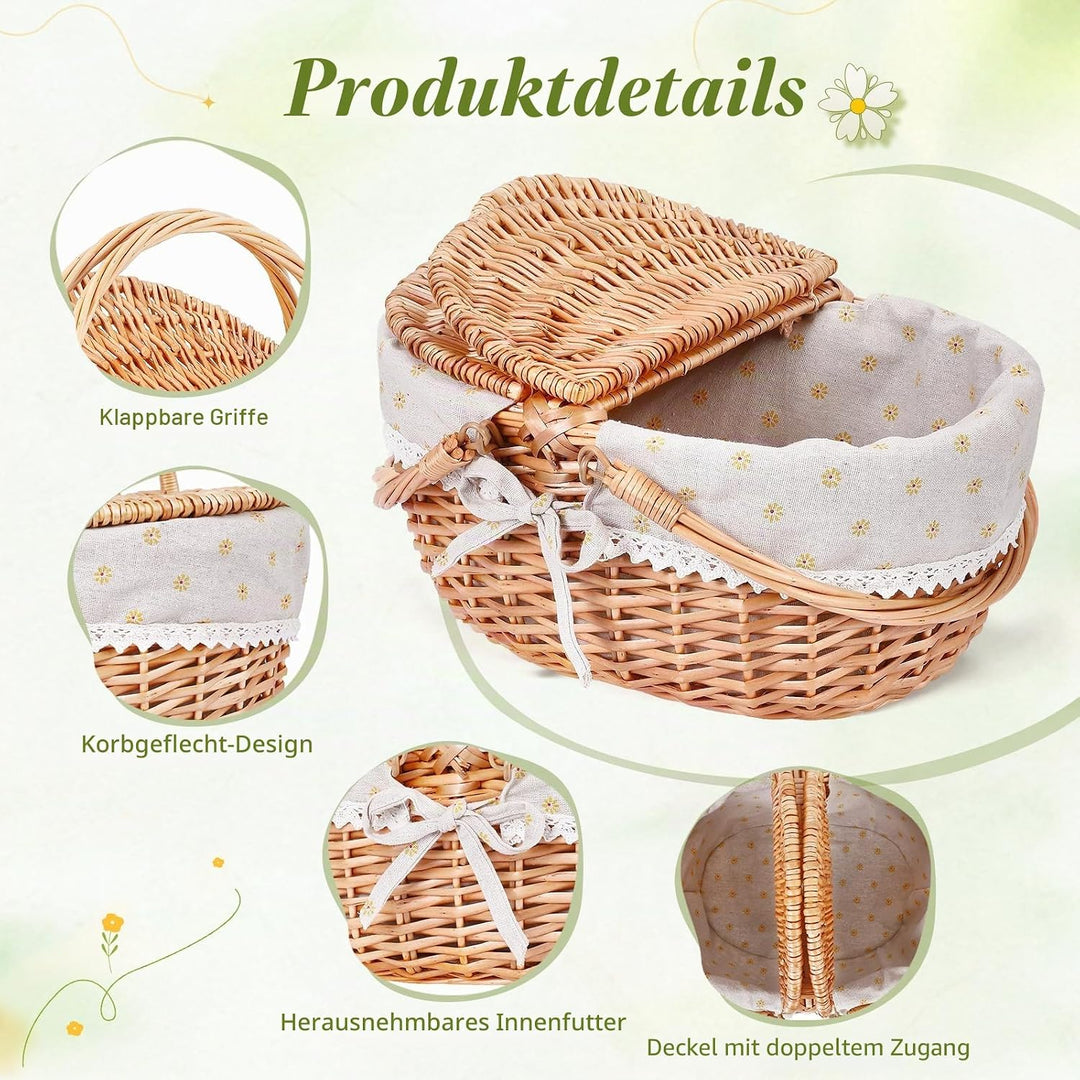 Picknickkorb, Picknickkorb mit Doppelt zu öffnendem Deckel und Klappbarem Griff, Handgewebter Korb m