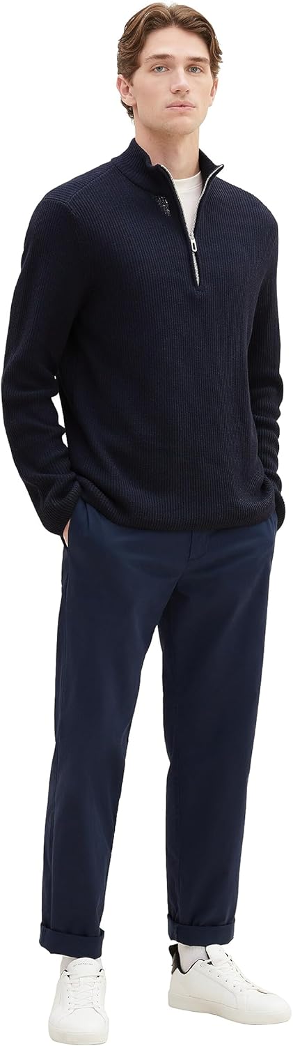 TOM TAILOR Herren Mouliné Strick-Pullover mit Troyer-Kragen L 13160 - Knitted Navy Melange, L 13160