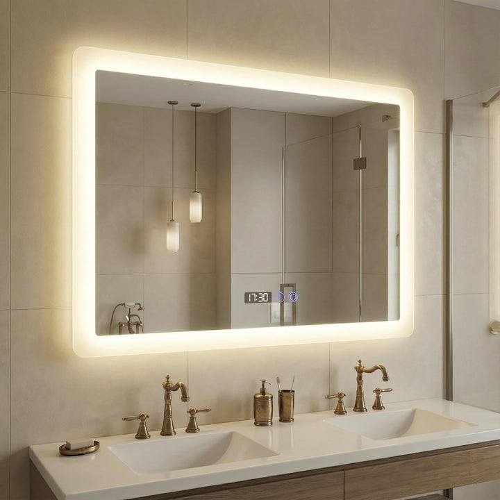 YOURLITE Badspiegel mit Beleuchtung 80x60 cm,LED Badezimmerspiegel mit Uhr Weiss - 80x60, Weiss - 80