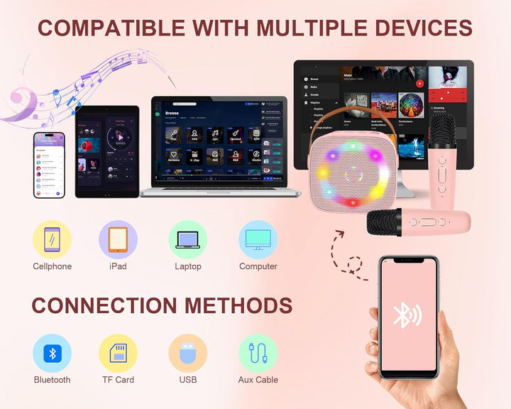Karaoke Maschine Mini Tragbares Bluetooth Karaokemaschinen mit 2 Kabellosen Mikrofonen für Kinder Er