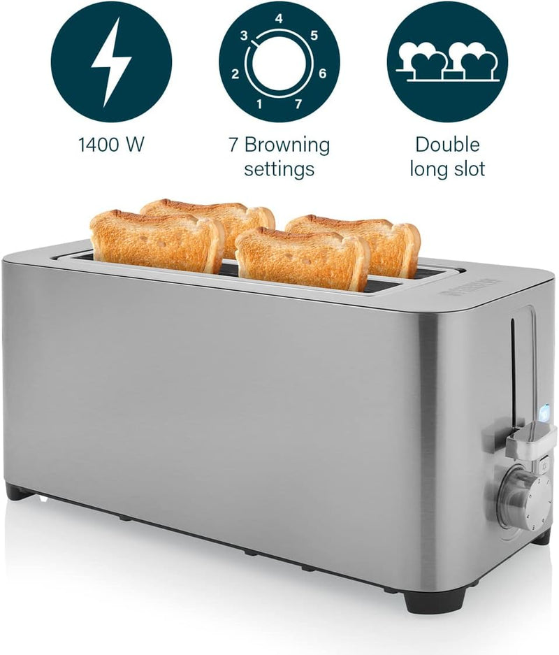 Princess 142402 Steel Toaster 2 Langer Schlitz - 7 einstellbare Stufen - 1400 W 4 Toasts Langer Schl