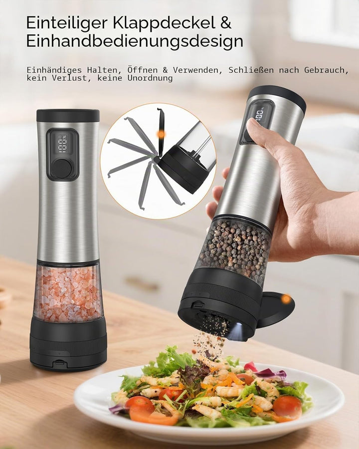 AMOSA Salz Und Pfeffermühle Elektrisch Set, Verbesserte 2-Gang-Stellung | 5 Stufen Äusserlich Verste