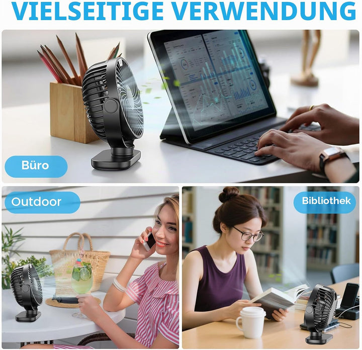 Schreibtischventilator, USB, 4 Geschwindigkeitsstufen, super leise, LED-Anzeige, 5000 mAh, Akku, Sch