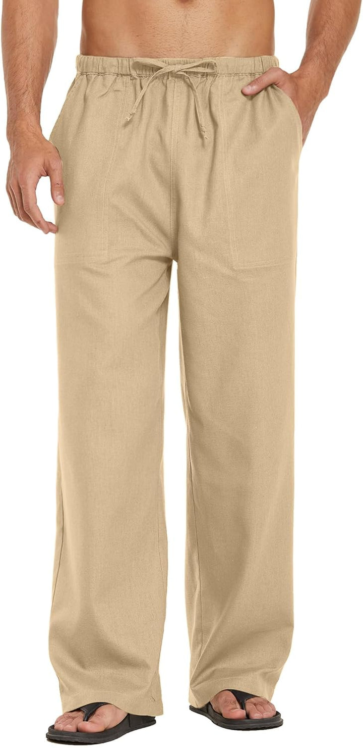 COOFANDY Herren Leinenhose mit Kordelzug Leicht Sommerhose Freizeithose Strandhose Urlaub Einfarbig