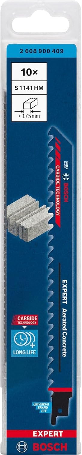Bosch Professional 10x Expert ‘Aerated Concrete’ S 1141 HM Säbelsägeblatt (für Porenbeton, Länge 225