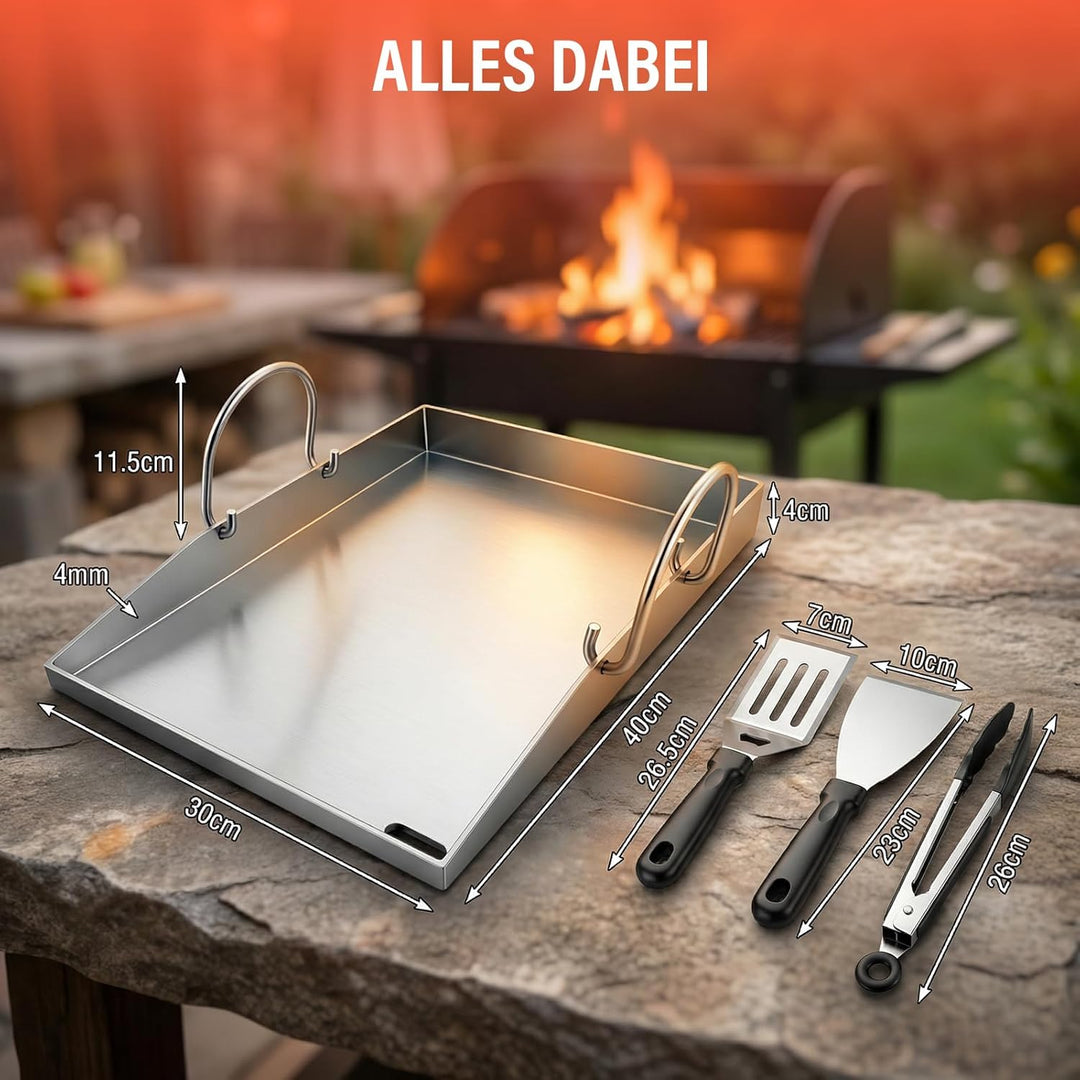 Premium Plancha Grillplatte 40×30 cm – 4 mm Edelstahl, inkl. 3 Grillwerkzeuge &amp; 30 Fettabsorptionspa