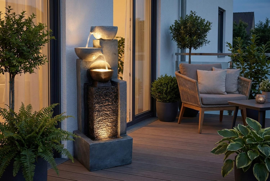 Grosser Gartenbrunnen mit LED Beleuchtung Springbrunnen Kaskade Wasserspiel Gartendekoration