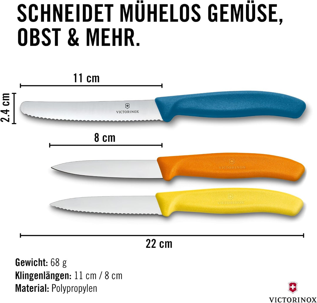 Victorinox Swiss Classic Küchenmesser Set, 3teilig, Gemüse-, Tomaten- und Frühstücksmesser, Scharfe