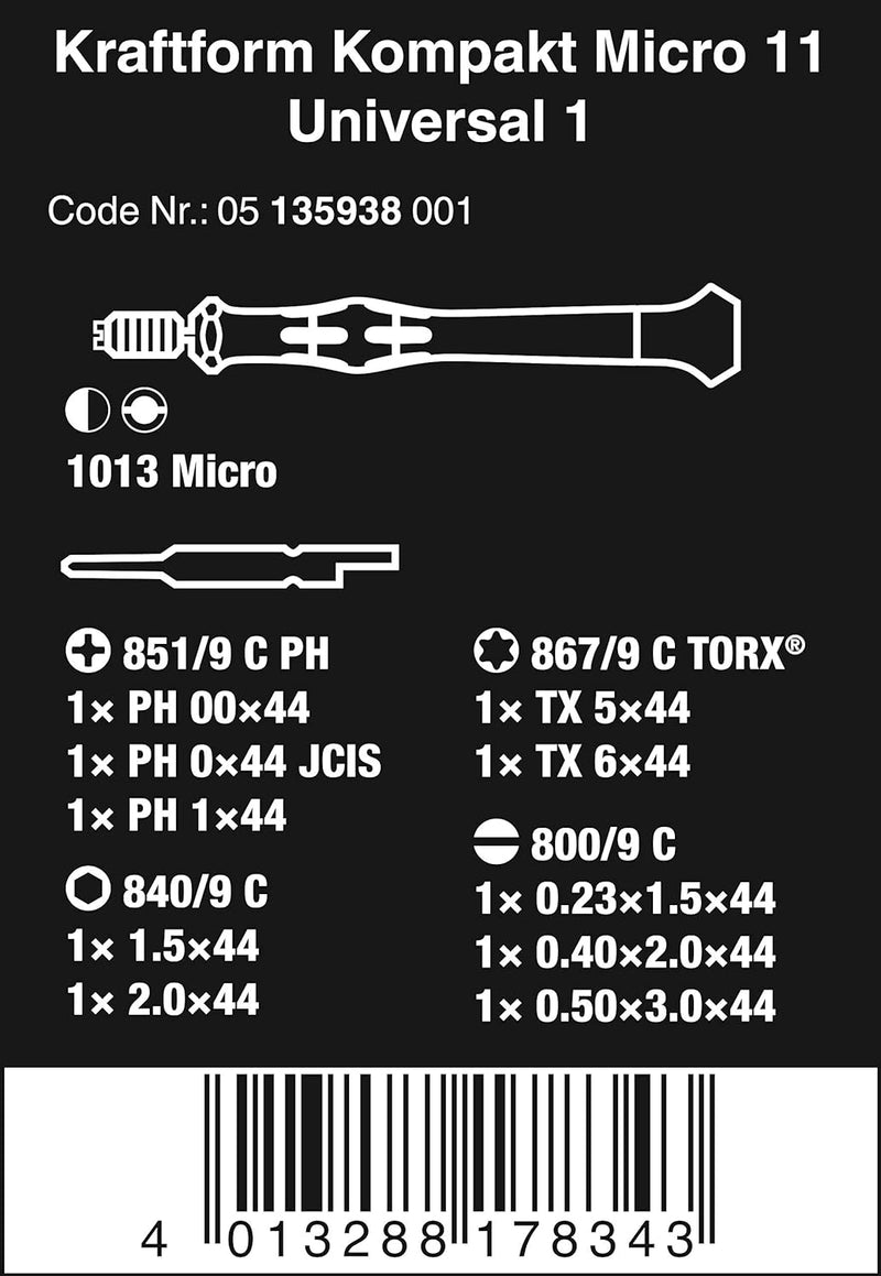 Wera 05135938001 Kraftform Kompakt Micro-Set/11 SB Elektroniker-Schraubendrehersatz, 11-teilig, Einh