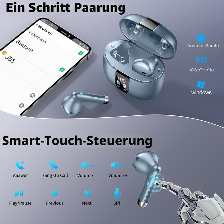 Bluetooth 5.3 Kopfhörer, In Ear Kopfhörer Kabellos mit 4 Mic, 48H Tiefer Bass Spielzeit Wireless Ear