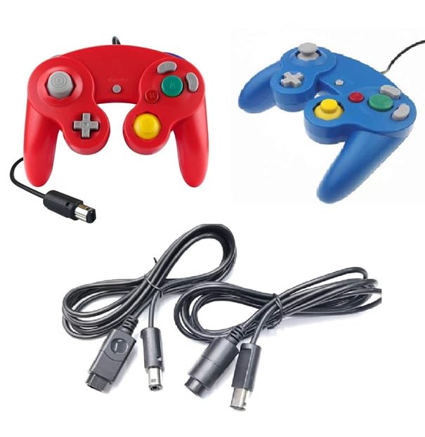 2 Controller Rot Blau + Verlängerungskabel für Nintendo Game Cube Controller GC Verlängerung Extansi