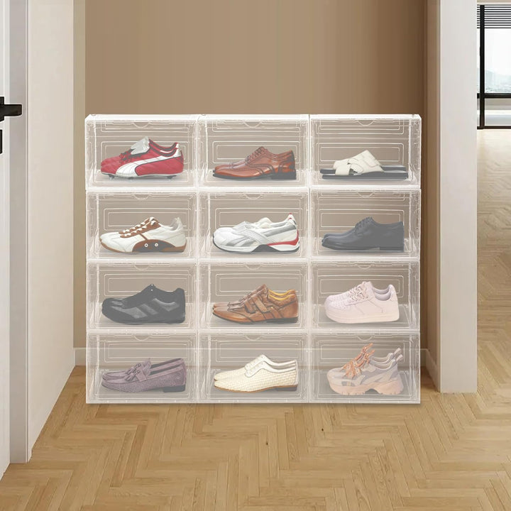Schuhboxen Stapelbar Transparent 12er Set Schuhbox Hartplastik Schuhkarton mit Deckel Faltbar und St