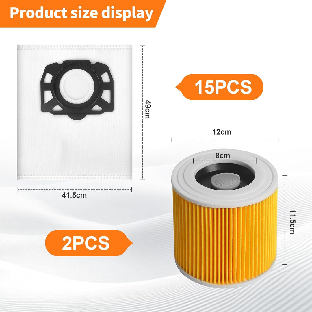 15 Stück für Kärcher KFI 357 Staubsaugerbeutel + 2 Filter+2 Filterbürste Ersatz für Kärcher WD2 Plus