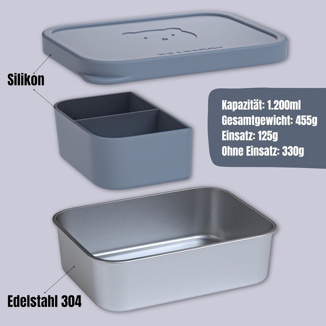 BEARFOOT Edelstahl Brotdose Kinder mit Silikondeckel (Blau, 1.200 ml) | BPA-frei, auslaufsicher, Bro