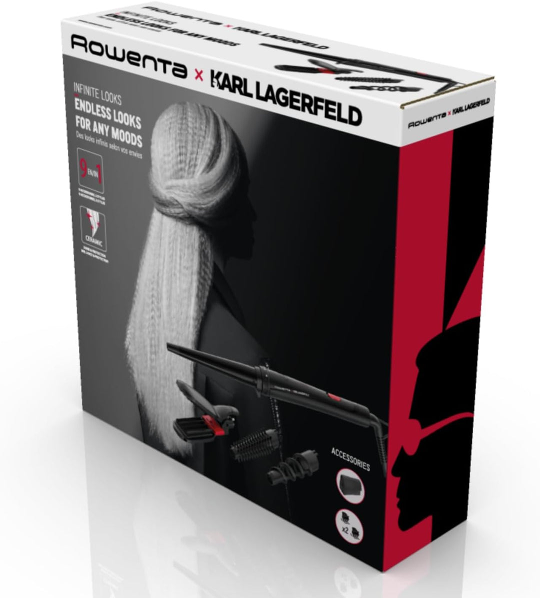 Rowenta x Karl Lagerfeld Looks Infinitos 9 in 1 CF422L- Haarglätter und Lockenstab, Lockenstab, heis