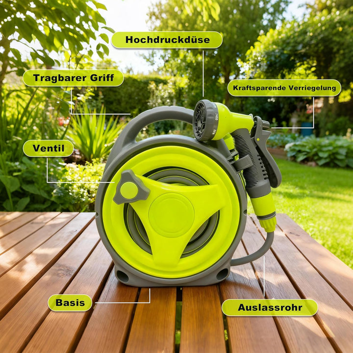 SAEIV Schlauchtrommel 12m Handbetrieb, Wandmontage Gartenschlauchaufroller mit Handbrause, Flexibler
